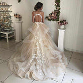 Elegant V-neck Spaghetti Straps Ruffled Tulle Lace Long Wedding Dresses